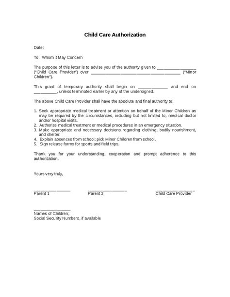 sample  child care authorization letter template