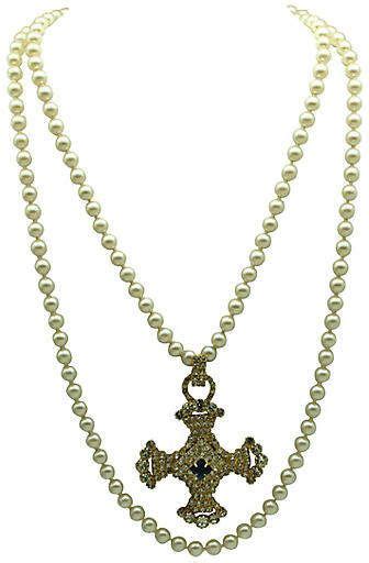 one kings lane vintage faux pearl and maltese cross necklace