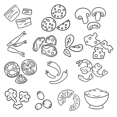 monochrome set   pizza toppings  cartoon style images
