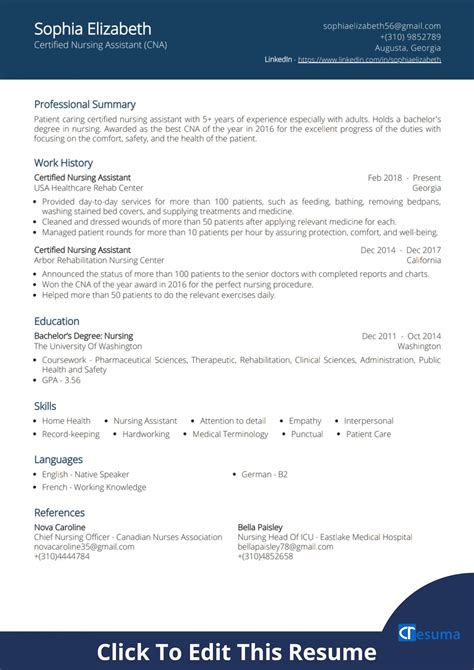 certified nursing assistant cna resume