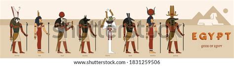 Collection Ancient Egyptian Gods Horus Isis Stock Vector