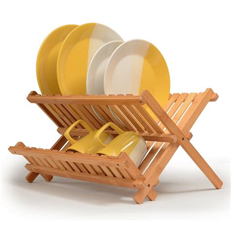bamboo dish rack foldable drying collapsible dish drainer wooden plate