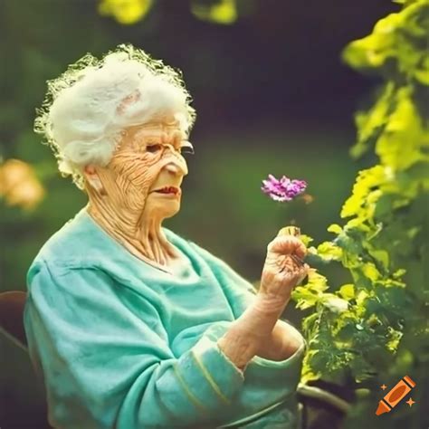 elderly woman gardening   beautiful garden