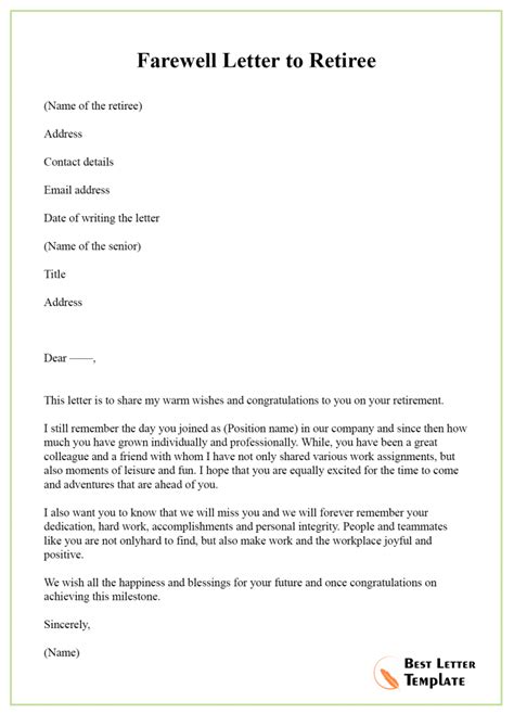 retirement farewell letter template format sample