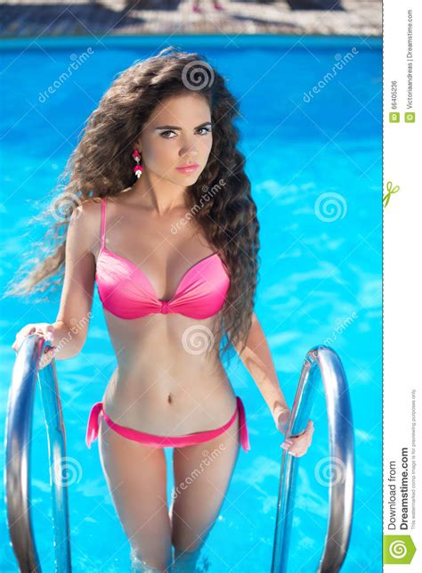 Bikini Model Beautiful Brunette Girl Model With Long Wavy