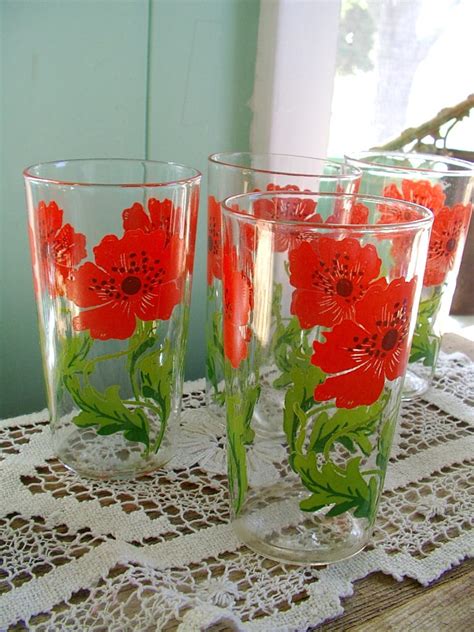5 Pretty Red Poppy Vintage Flower Drinking Glasses Etsy