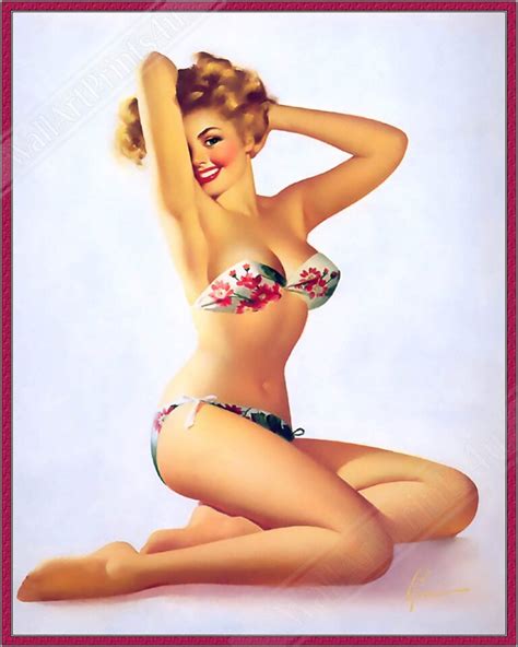 Vintage Pin Up Girl Poster Red Flowers On Bikini Edward Runci