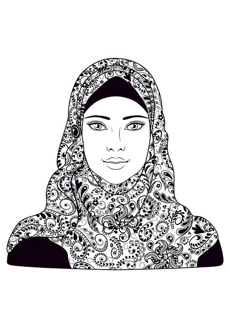woman headscarf oriental adult coloring pages
