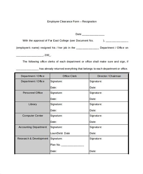 sample employee clearance forms   ms word excel