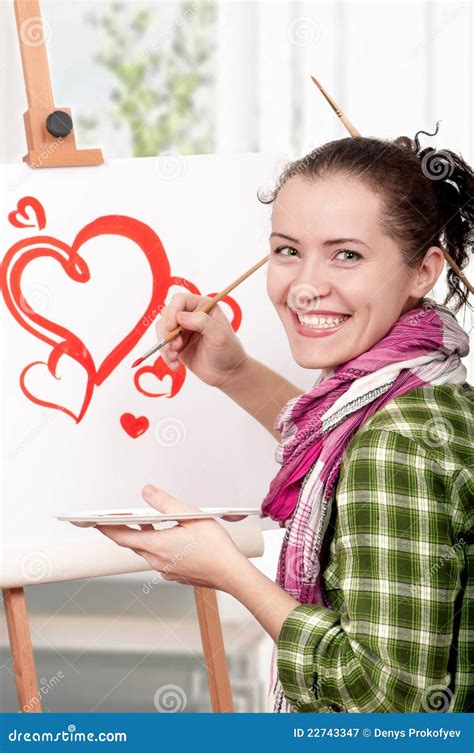 female painter stock image image  palette canvas