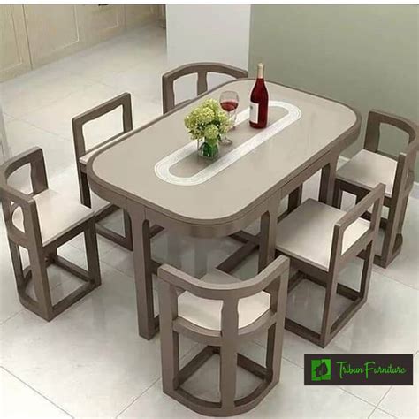 set meja makan minimalis modern kayu jati tribun furniture