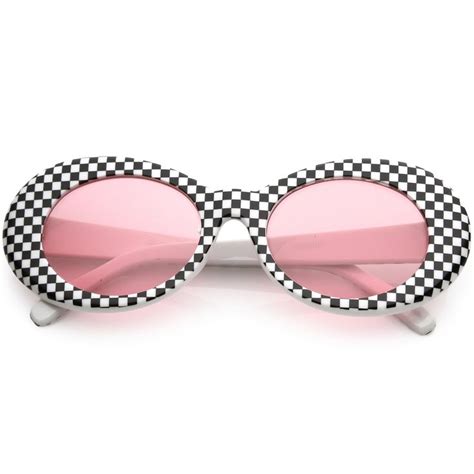 large retro checkered oval sunglasses thick frame colored lens wide