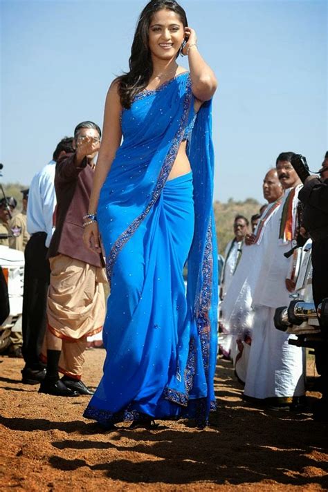 Anushka Shetty Navel Show Photos In Blue Saree Daily