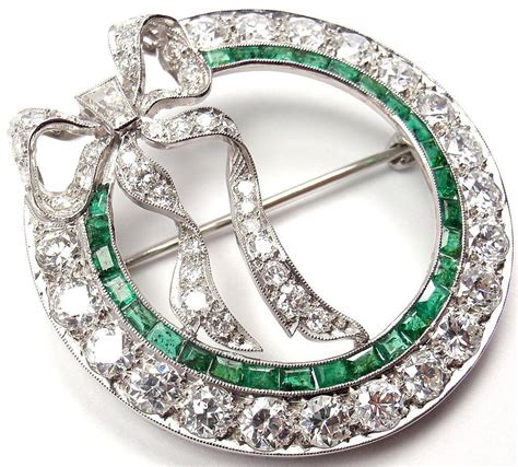 tiffany  art deco diamond emerald bow platinum pin brooch