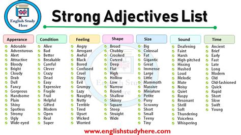 strong adjectives list english study