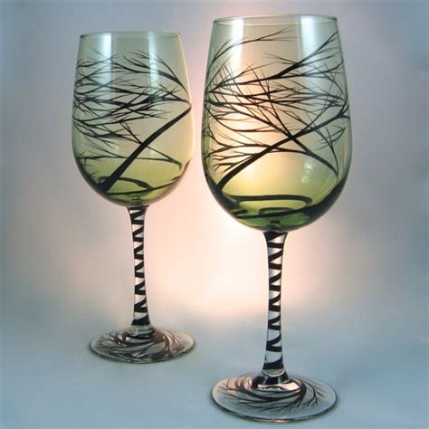 Hand Painted Tree Wine Glasses Black Branches On Green