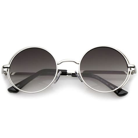 Retro Open Metal Frame Slim Temples Flat Lens Round Sunglasses 49mm