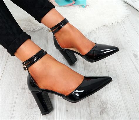 womens ladies ankle double strap high block heel pointed toe party shoes size ebay