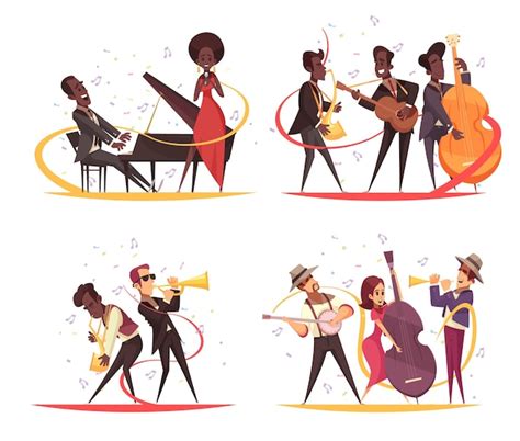 vector jazz concept  cartoon characters  musicians  stage  instruments