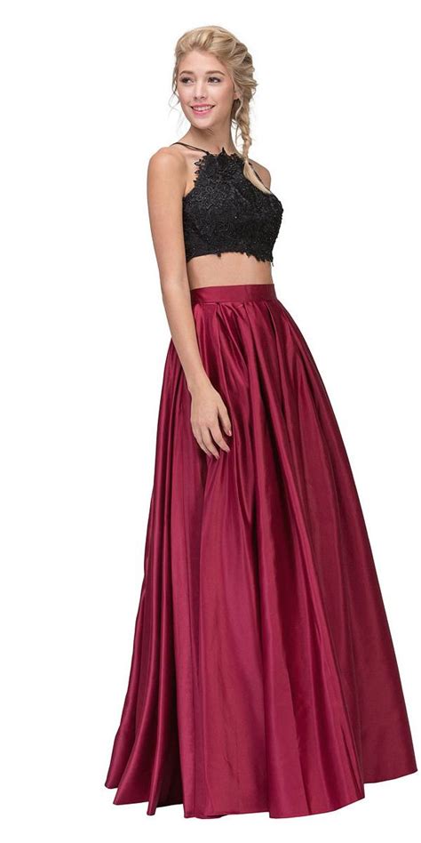 two piece long prom dress lace crop top and satin skirt