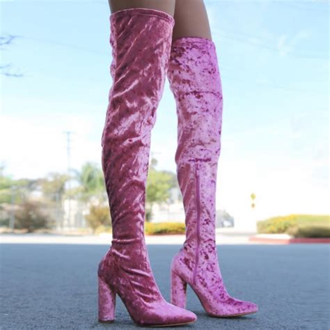 sexy dusty rose thigh high boots circle chunky heel crushed velvet