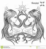 Gemini Coloring Sign Girl Beautiful Astrology Astrological Zodiac Adult Book Pages Vector Lineart Colouring Signs Hair Illustration Stock Drawings Google sketch template