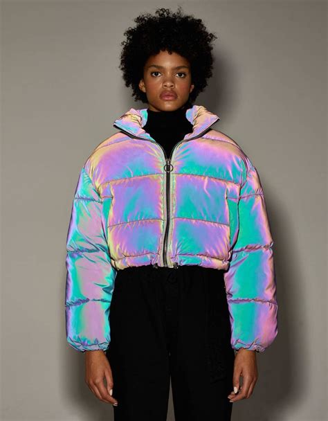reflective puffer jacket discover     items  bershka   products