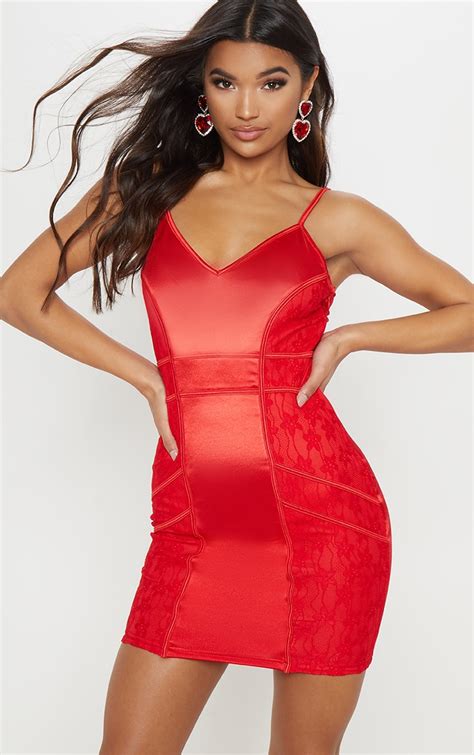 Red Satin Piped Lace Bodycon Dress Dresses Prettylittlething