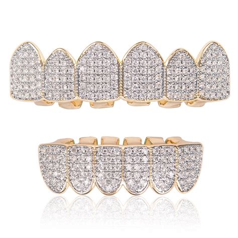 gold plated diamond hip hop teeth grillz top bottom mouth grill set