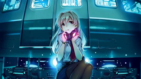 Anime Girl Sitting Train Station Headphones