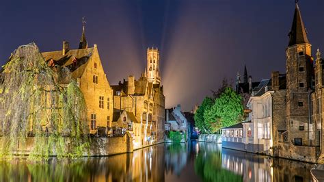 wallpaper cities belgium rivers bruges houses night time