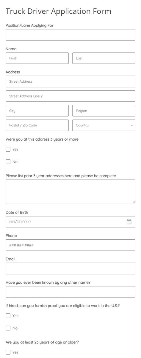 truck driver application form template formbuilder