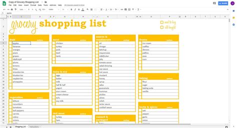 shopping list template google docs