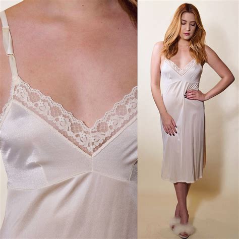 1970s Authentic Vintage Off White Nylon Lace Slip Dress With Lace Trim
