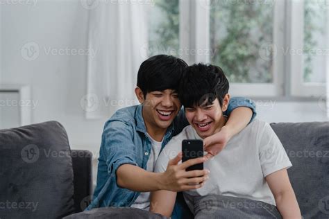 Asian Influencer Gay Couple Vlog At Home Asian Lgbtq Men Happy Relax