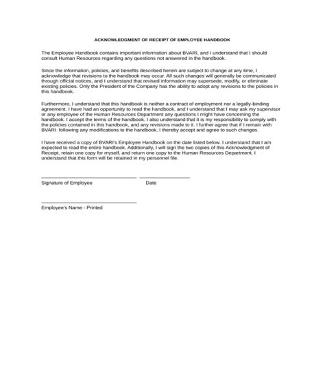 employee handbook acknowledgement form template