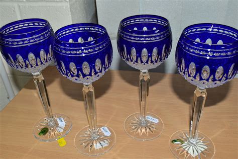 A Set Of Four Waterford Crystal Clarendon Cobalt Blue Hock Glasses 4