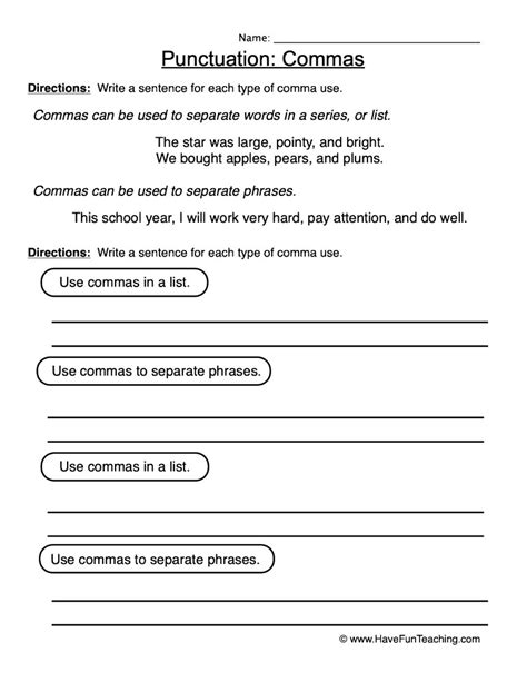 commas punctuation worksheet  fun teaching