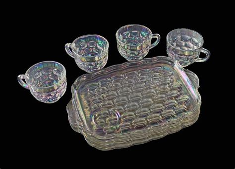 Iridescent Snack Set Trays And Cups Federal Glass Colonial Pattern
