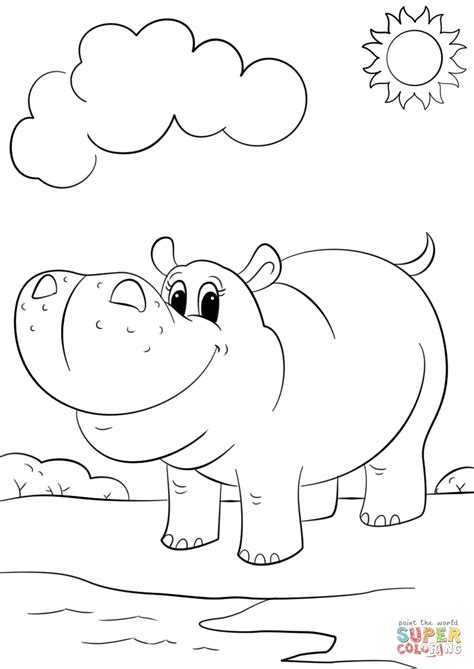 cute cartoon hippo coloring page  printable coloring pages