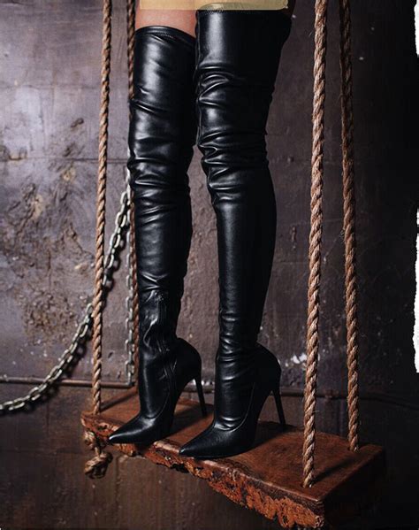 Liliana Gisele 50 Black Leather Stretchy Thigh High Pointy Stiletto