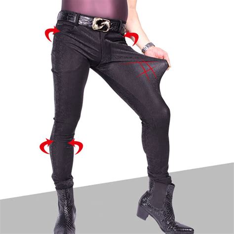 sexy men plus size 3d print punk elastic tight trousers pu faux leather