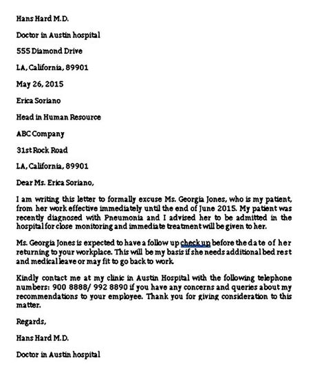 sample medical leave  absence letter  doctor collection letter