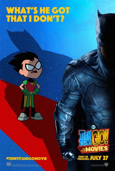 the teen titans stand in the shadows of the justice league in teen titans go to the movies posters