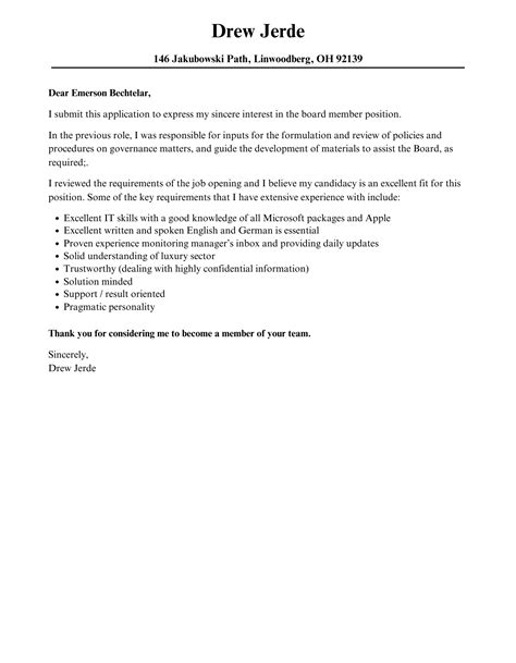 board member cover letter velvet jobs