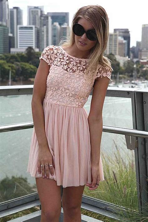 Pink Lace Round Neck Pleated Cute Mini Dress 014065