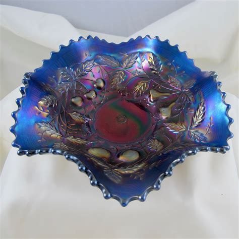 Antique Northwood Fruits And Flowers Electric Blue Carnival Glass Bowl