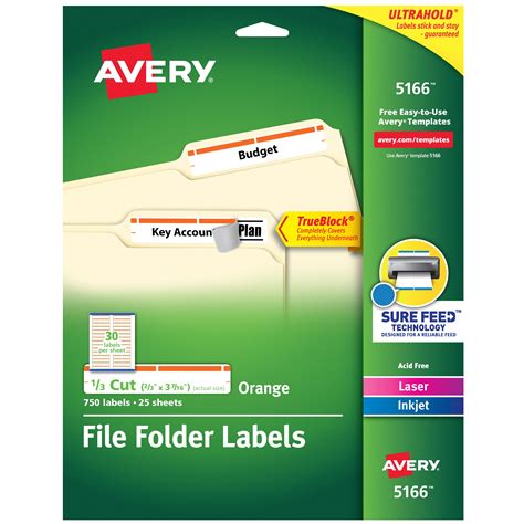 avery trueblock file folder labels  feed technology permanent adhesive orange