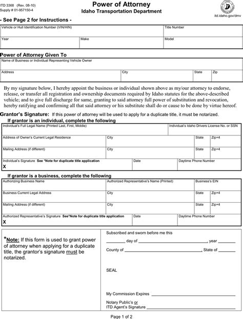 idaho power  attorney form  vehicle title andor registration