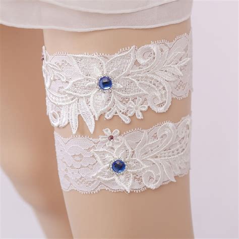 Wedding Garter Blue Red Rhinestone Embroidery Flower White Sexy Garters